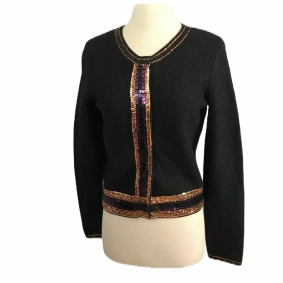CLUB MONACO Black Wool Cardigan Sequins Button Down Party Evening Medium 90s Y2K - Picture 5 of 8
